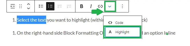 WordPress Default Highlight Option Screenshot